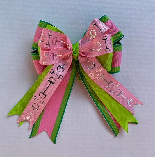 Equestrian Hair Bow, Tails, Horse Show, Bright Green, Pink Striped