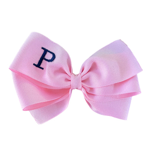 Pink Monogrammed Hair Bow w/Navy Blue Initial, Personalized