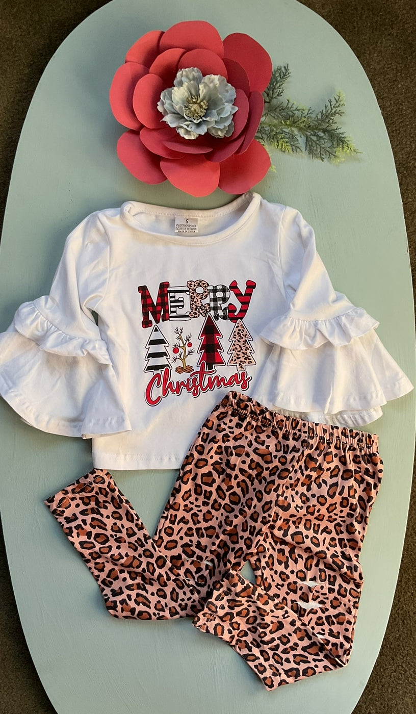 Merry Christmas Animal Print Ruffle Outfit, girls, set, toddler