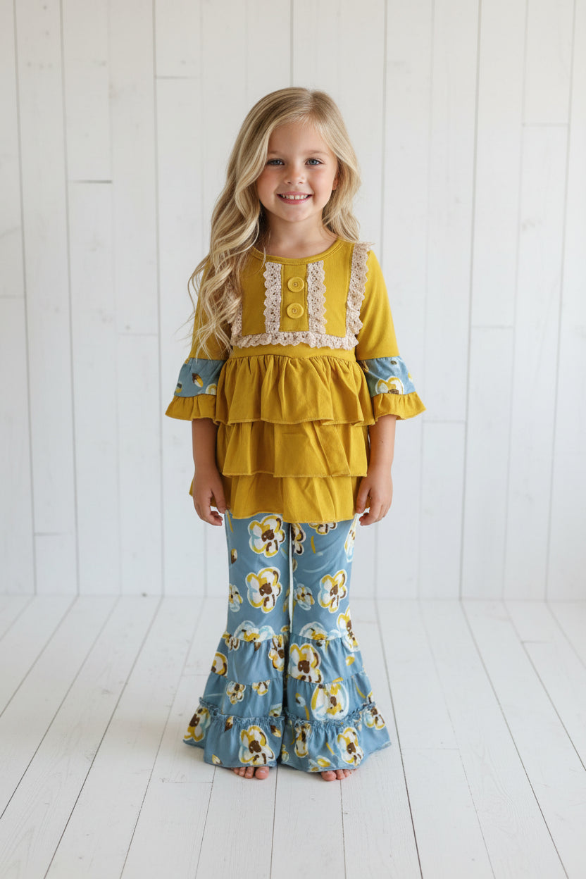 Blue & Yellow Floral Ruffle Boutique Outfit, girls, kids, Milk Silk
