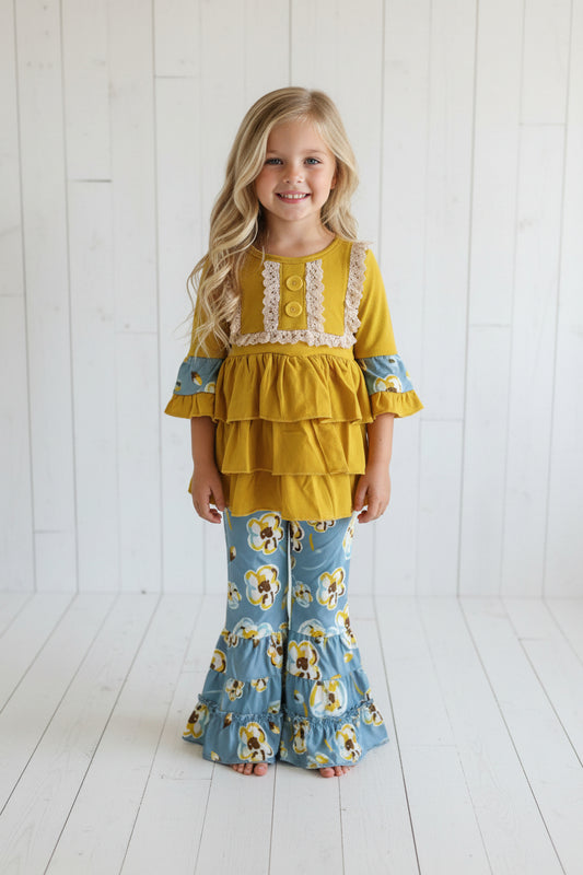Blue & Yellow Floral Ruffle Boutique Outfit, girls, kids, Milk Silk / SALE