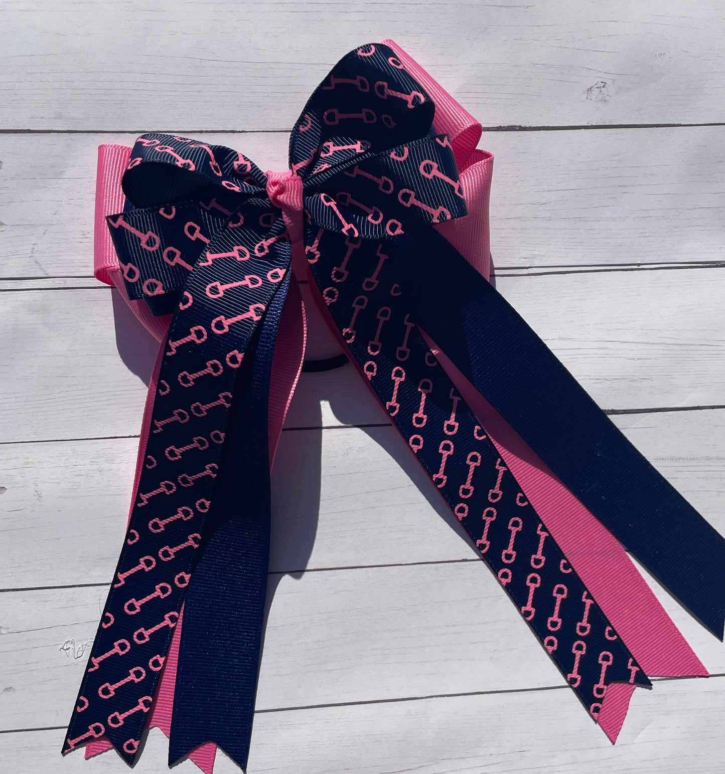 Equestrian Hair Bow, Tails, Horse Show, Navy Blue, Pink