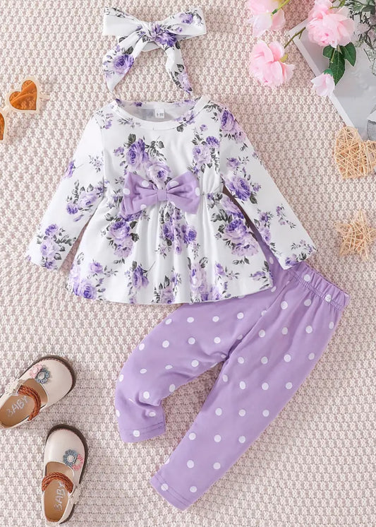 Purple Flower & Polka Dot Outfit, set, leggings, top, girl, baby, toddler