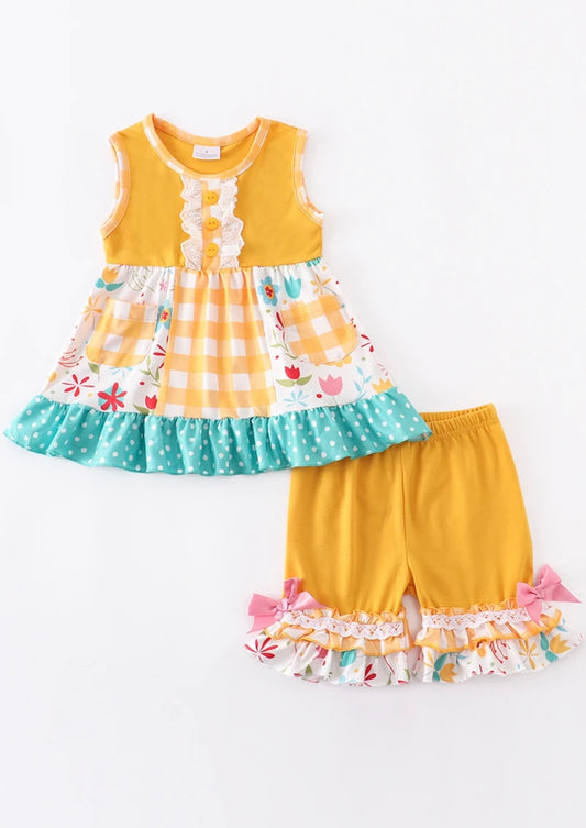 Yellow Floral & Check Ruffle Short Set, Girl's, Beach, Toddler / SALE: Reg. $22.95