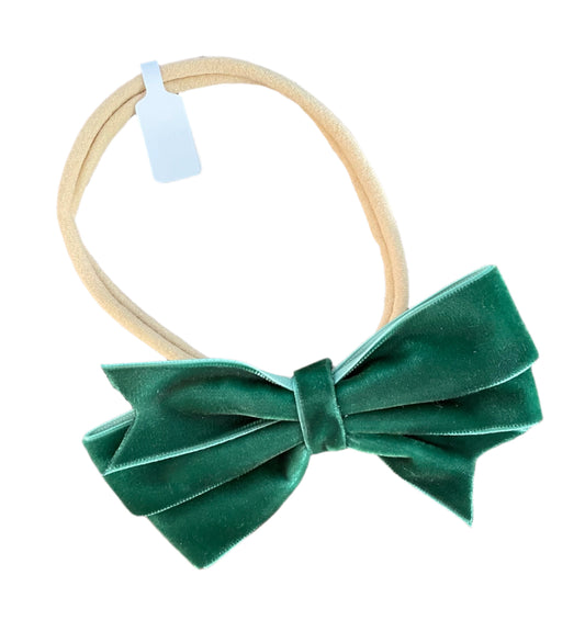 Emerald Green Velvet Hair Bow on Headband, girl, holiday, Christmas, stretch / DAY 12