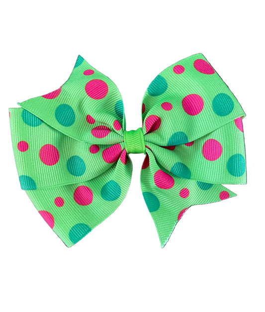 Green & Hot Pink Polka Dot Hair Bow, girl, kids, clip