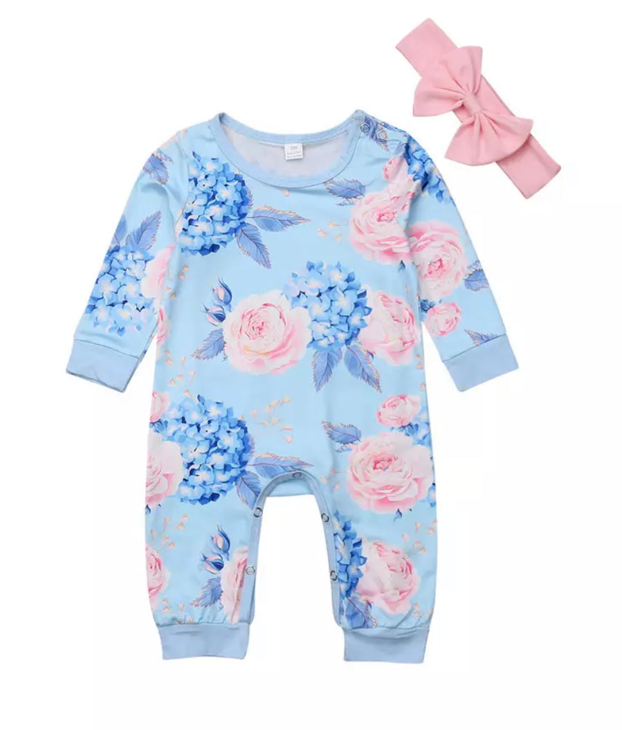 Blue Romper w/Pink & Blue Flowers & Headband, Baby, Infant