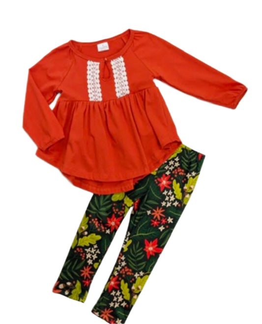 Orange & Olive Flower Outfit, set, leggings, top, Fall