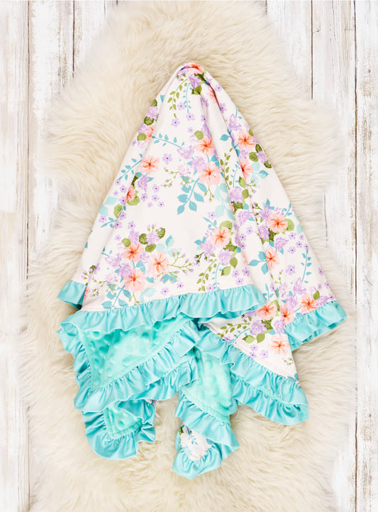 Aqua Blue Floral Minky Dot Blaket