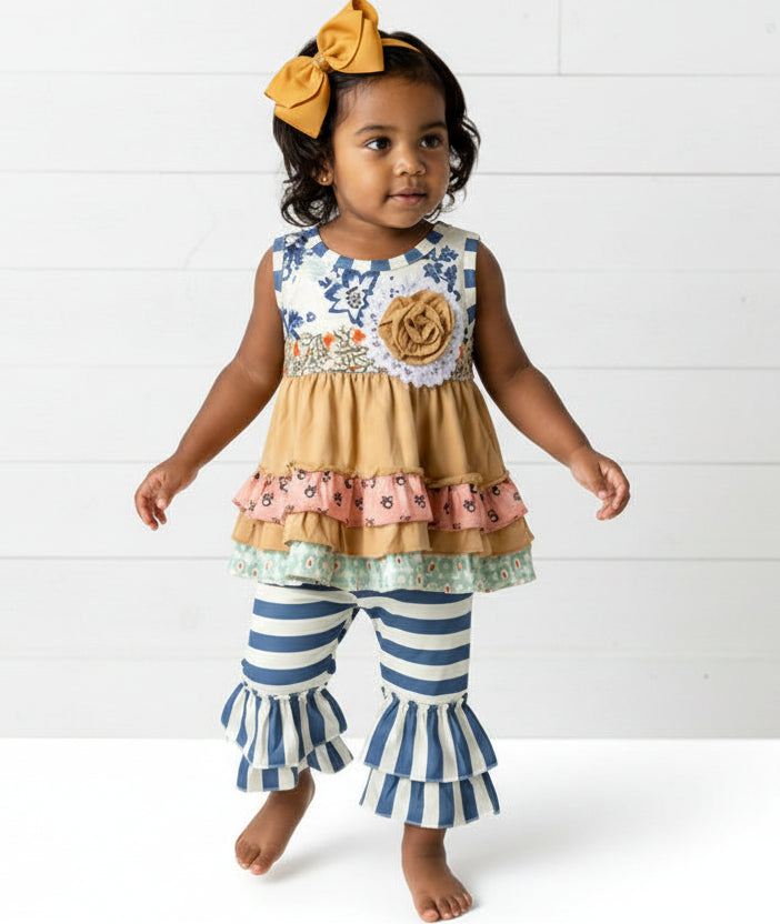 Boutique Ruffle Gold & Teal Outfit, girl, set, kids, Spring