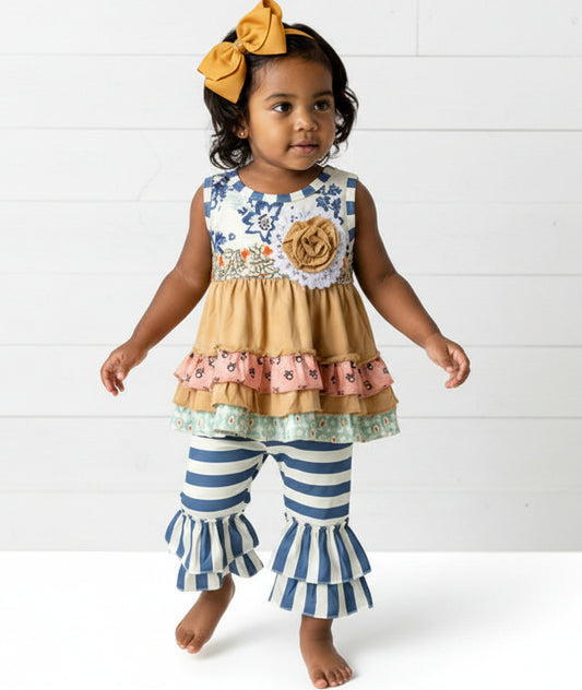 Boutique Ruffle Gold & Teal Outfit, girl, set, kids, Spring