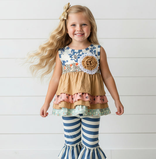Boutique Ruffle Gold & Teal Outfit, girl, set, kids, Spring