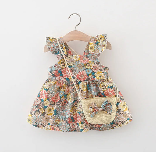 Colorful Flower Sleeveless Dress, Infant, Bow, Purse, baby, girl, set