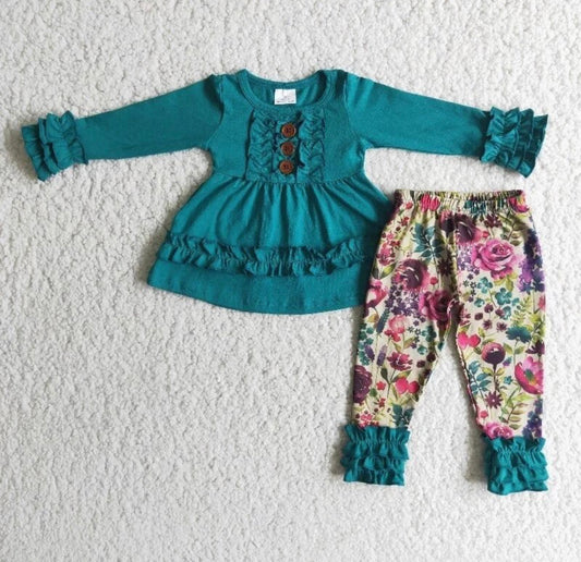 Turquoise Blue Floral Ruffle Outfit, girl's, Set, kids, clothing