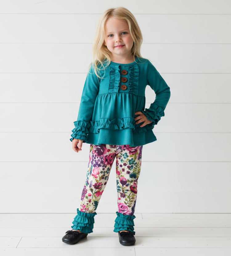 Turquoise Blue Floral Ruffle Outfit, girl's, Set, kids, clothing
