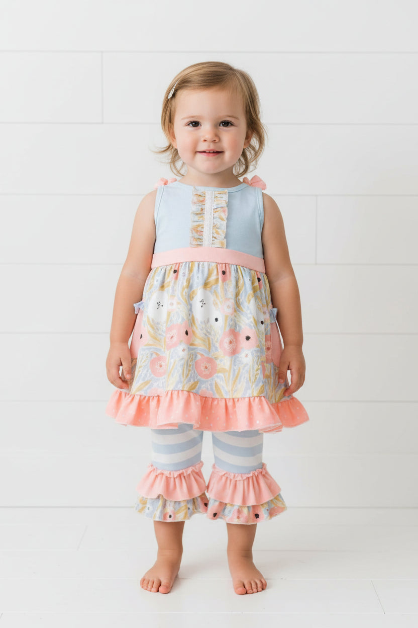 Peach & Gray Flower & Capri Set, Milk Silk, Girl's, Toddler, outfit