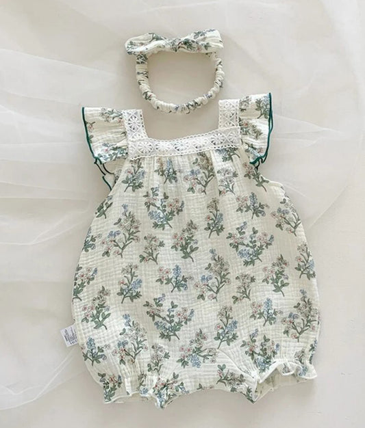 Green Flower & Lace Romper, Infant, shower, girl, baby, kids