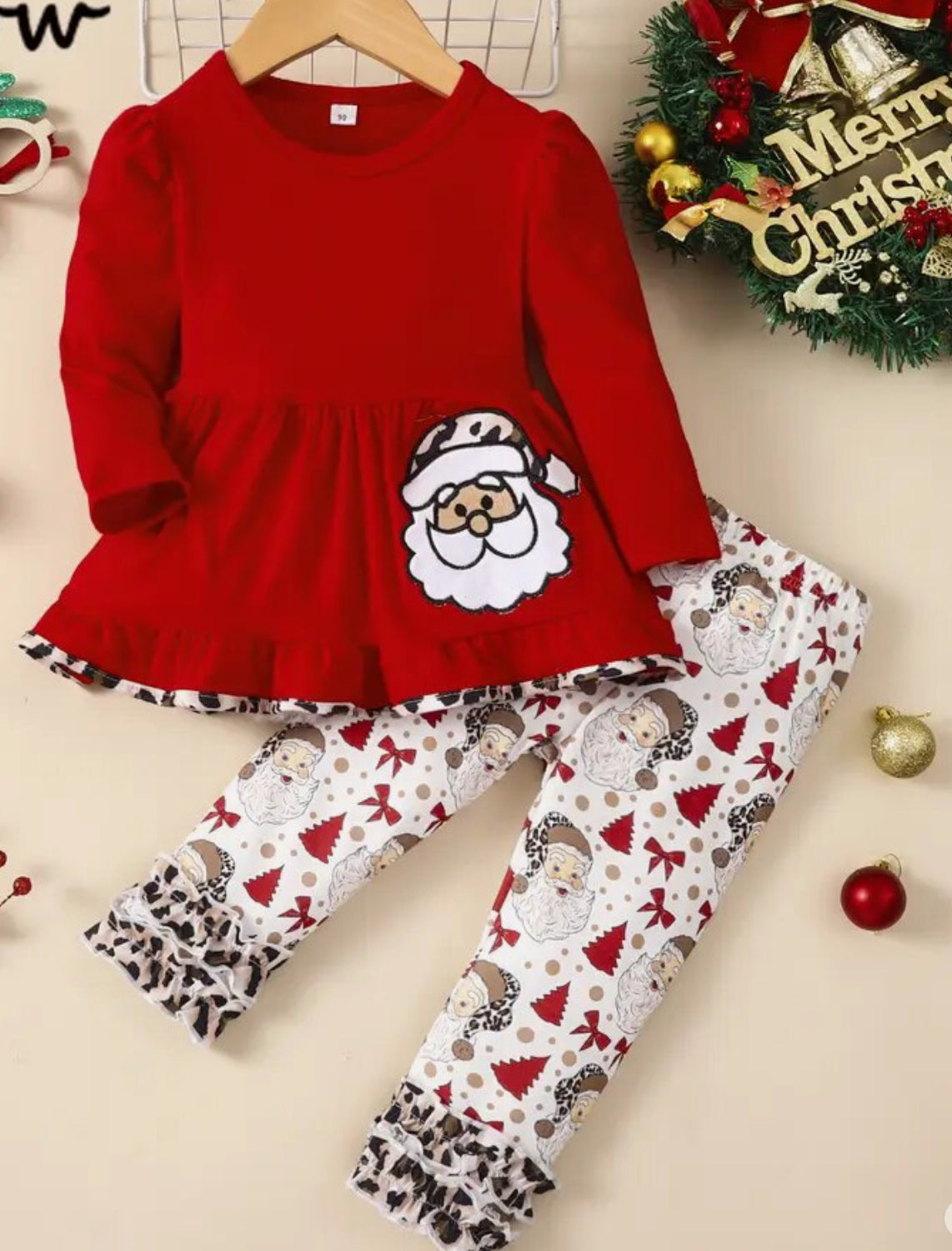 Santa & Holiday Print Boutique Ruffle Outfit, Set, Girls, leopard print