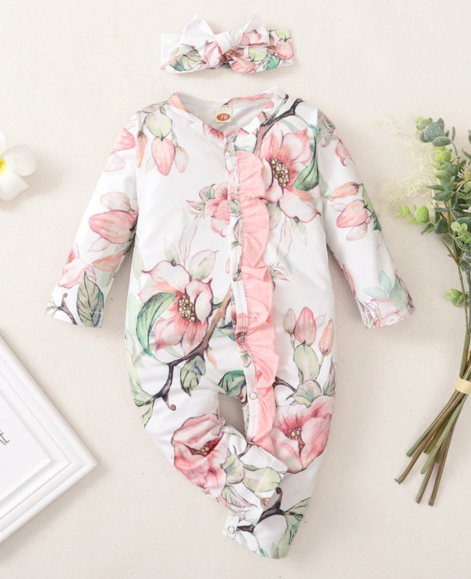 White Ruffle Romper w/Pink Flowers & Headband, Baby, Infant