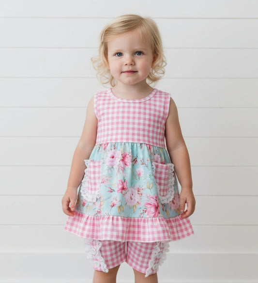Gingham Shabby Chic Short Set, girl's, Pink, outfit, Milk Silk