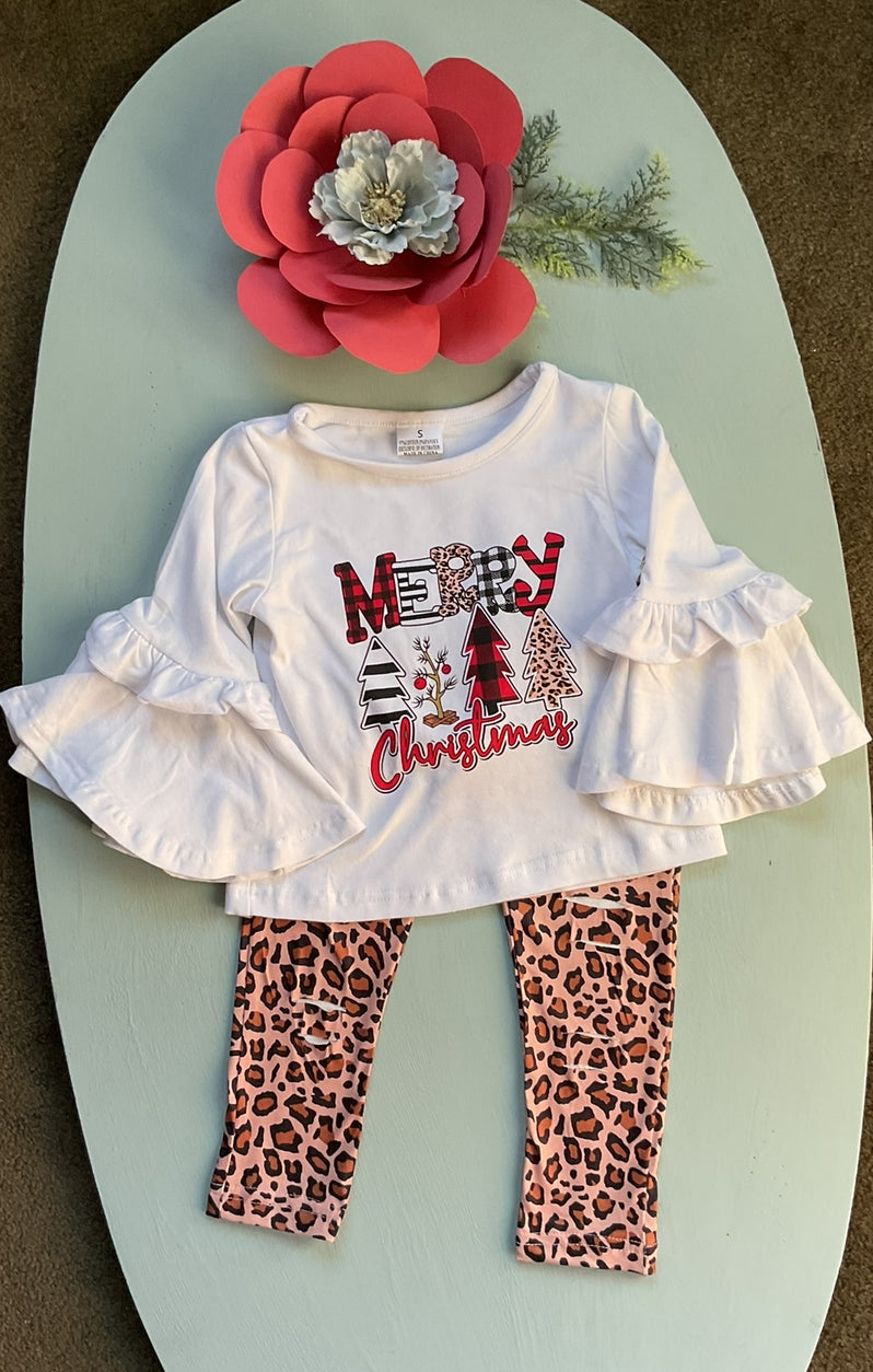 Merry Christmas Animal Print Ruffle Outfit, girls, set, toddler