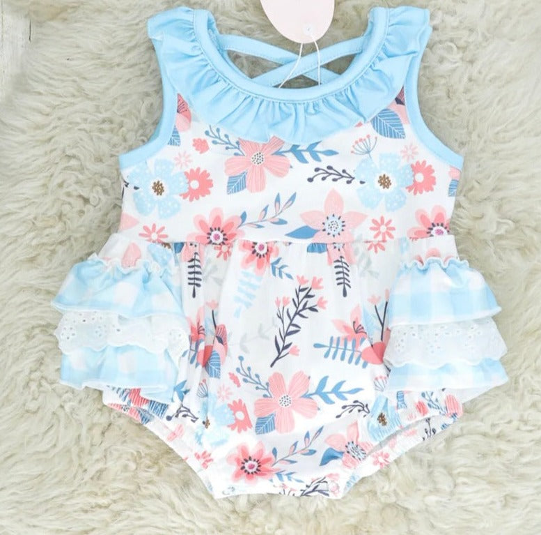 Floral & Check Ruffle Romper, baby, girl, kids