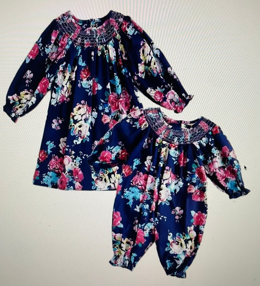 Blue Smocked Floral Girls Dress or Romper, Toddler, Sister Set