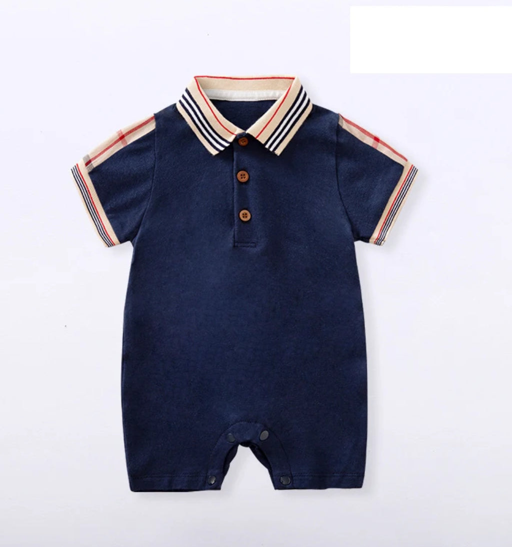 Navy Blue Short Sleeve Preppy Romper, blue, kids, clothing, boy, baby