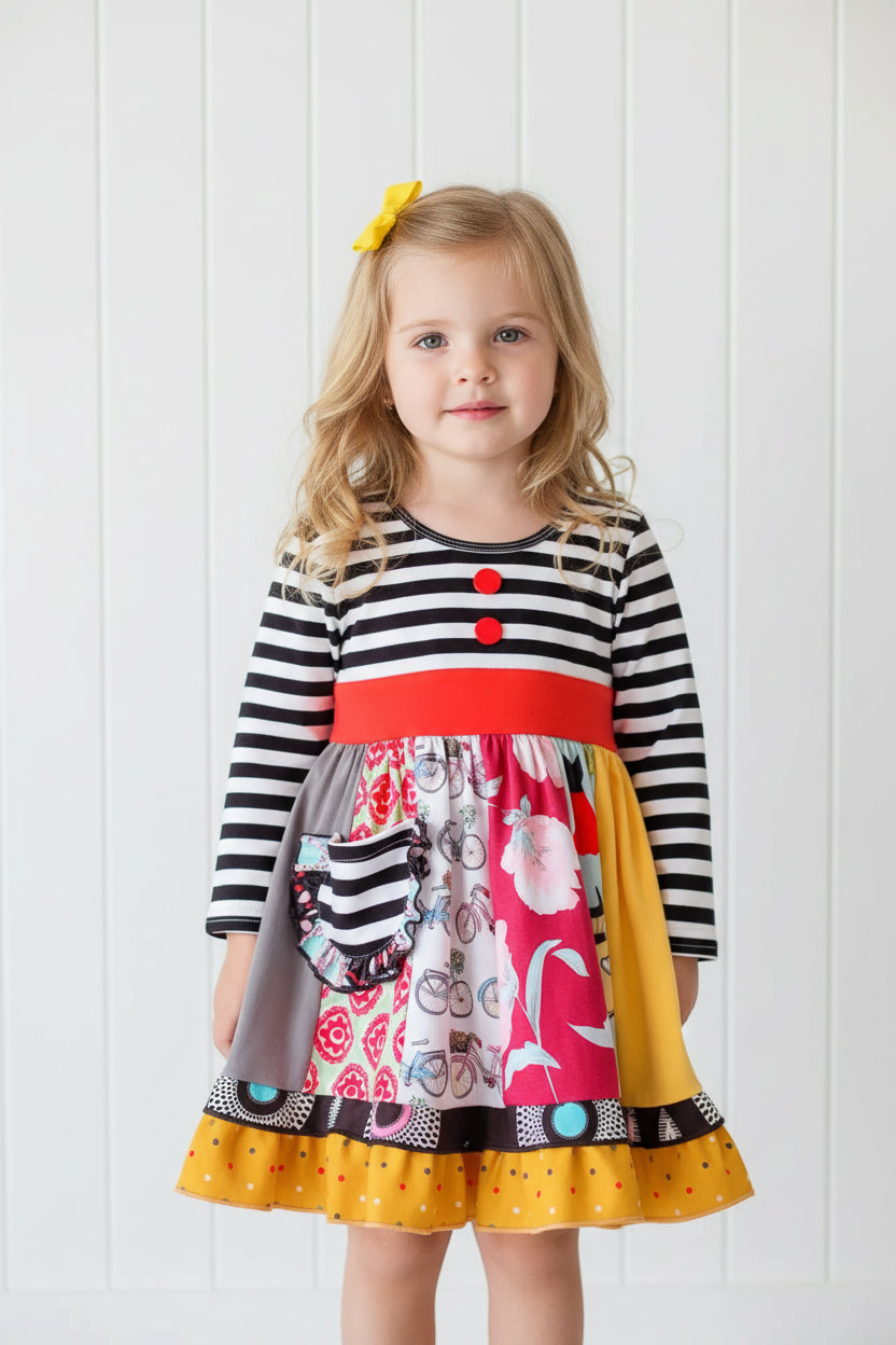 Striped Patchwork Twirl Dress, Girl's, kids, apparel