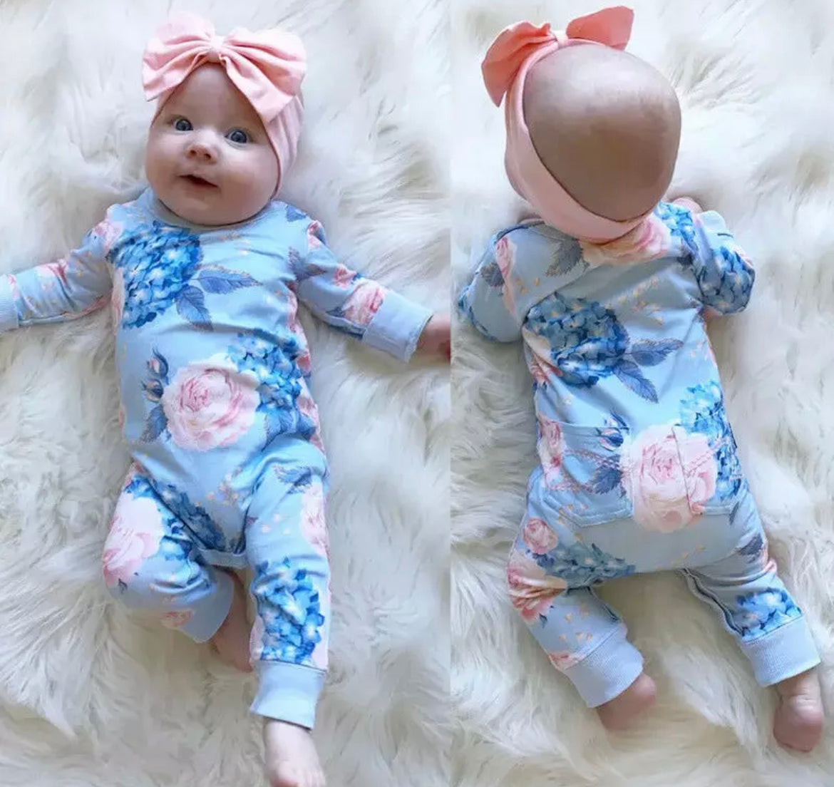 Blue Romper w/Pink & Blue Flowers & Headband, Baby, Infant