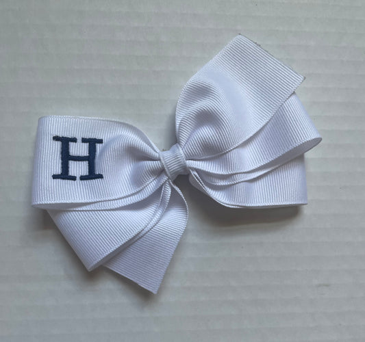 White Monogrammed Hair Bow w/Navy Blue Initial, Personalized