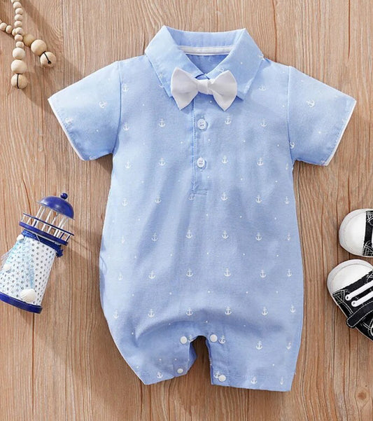 Light Blue Embroidered Anchor Romper w/Bow Tie, baby, boy, kids