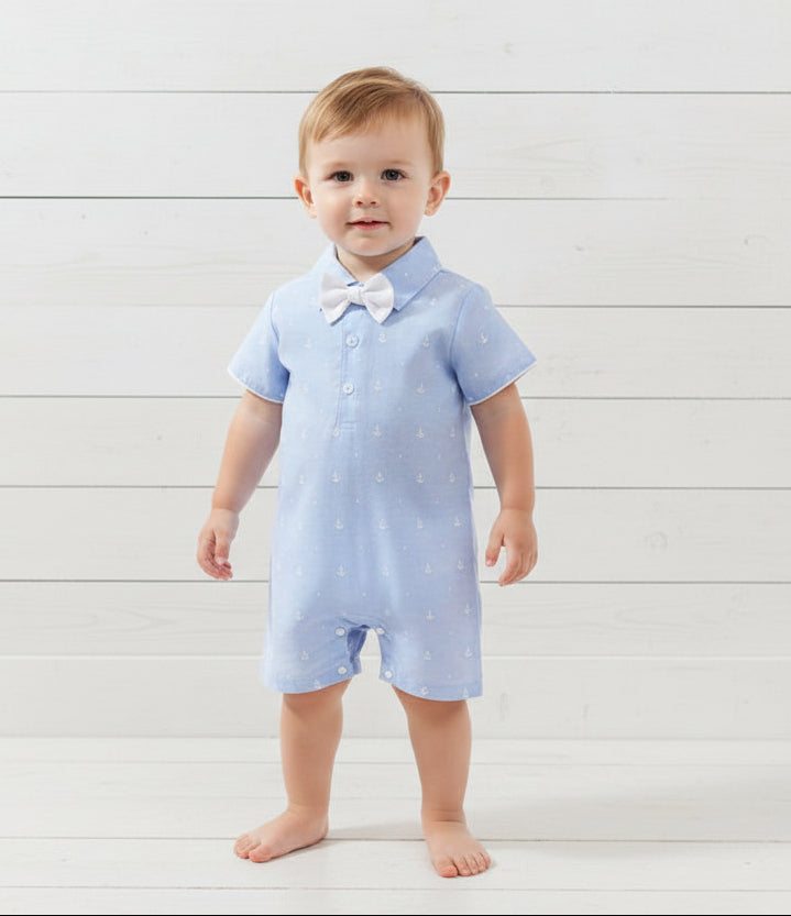 Light Blue Embroidered Anchor Romper w/Bow Tie, baby, boy, kids, nautical
