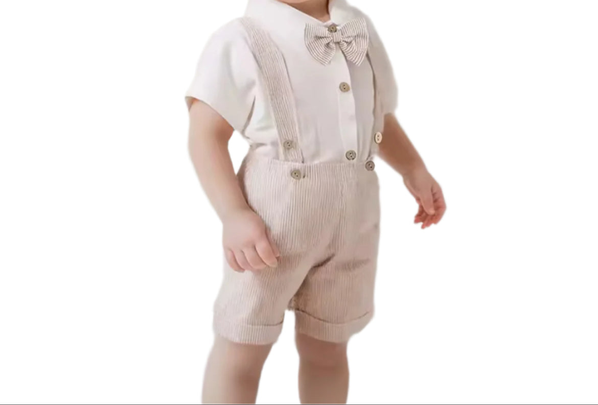 Khaki Short Set Outfit, kids, clothing, set, overalls, bow tie