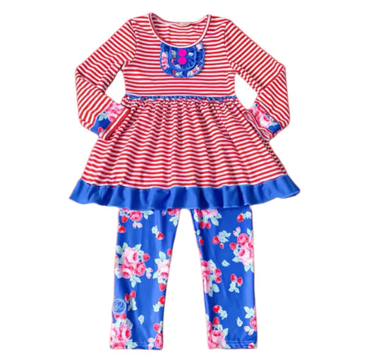 Red & Blue Ruffle Outfit, girl, set, leggings, top, kids