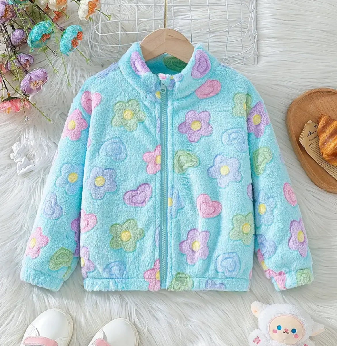 Plush Blue Floral Jacket, zipper, girl's