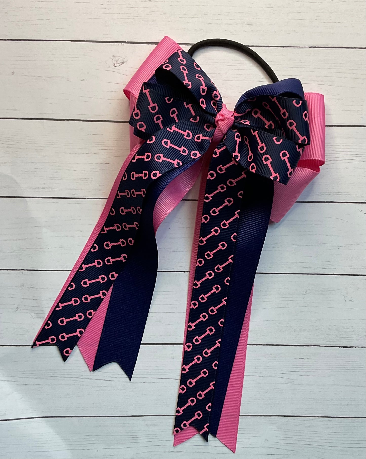 Equestrian Hair Bow, Tails, Horse Show, Navy Blue, Pink