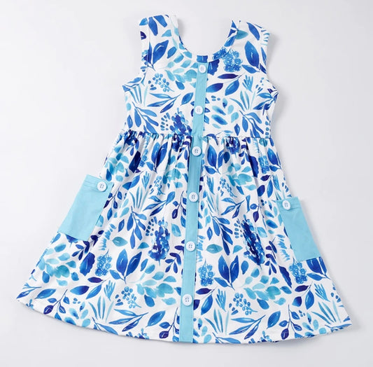 Blue Lilac & Foliage Girls Twirl Dress, Milk Silk