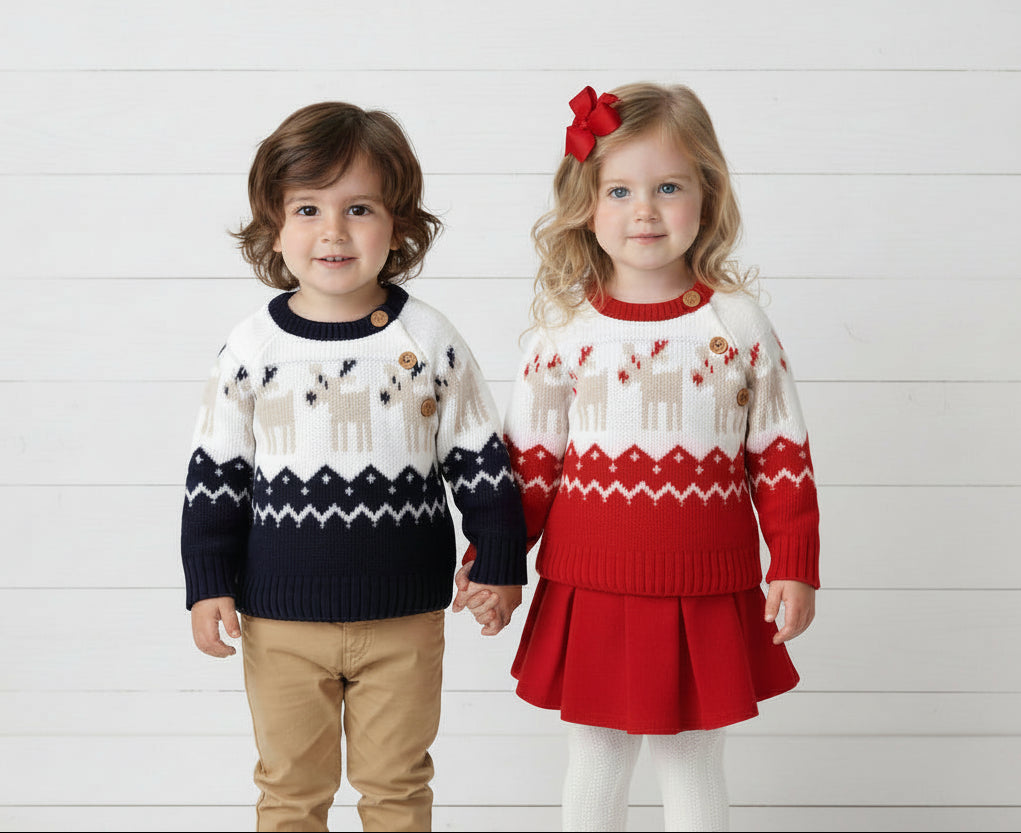 Blue or Red Unisex Reindeer Knit Sweater, kids, top, winter, holiday