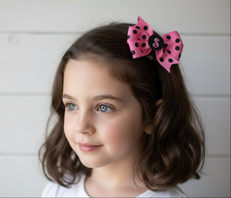 Bubble Gum Pink/Black Small Polka Dot Initial Hair Bows, Clip, Personalized, pinwheel