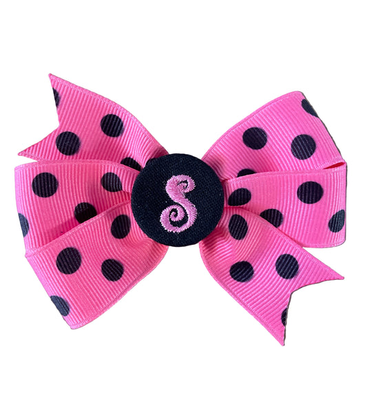 Bubble Gum Pink/Black Small Polka Dot Initial Hair Bows, Clip, Personalized, pinwheel
