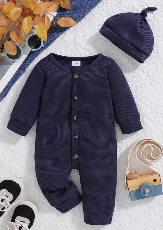 Blue Waffle Texture Romper with Hat, infant, clothing, baby