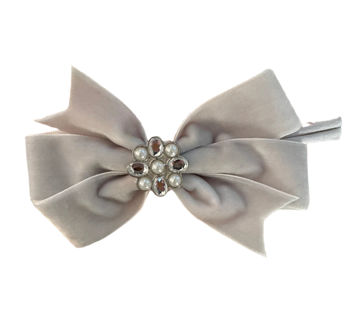 Silver Velvet Hair Bow on Headband, girl, holiday, Christmas, stretch / DAY 12