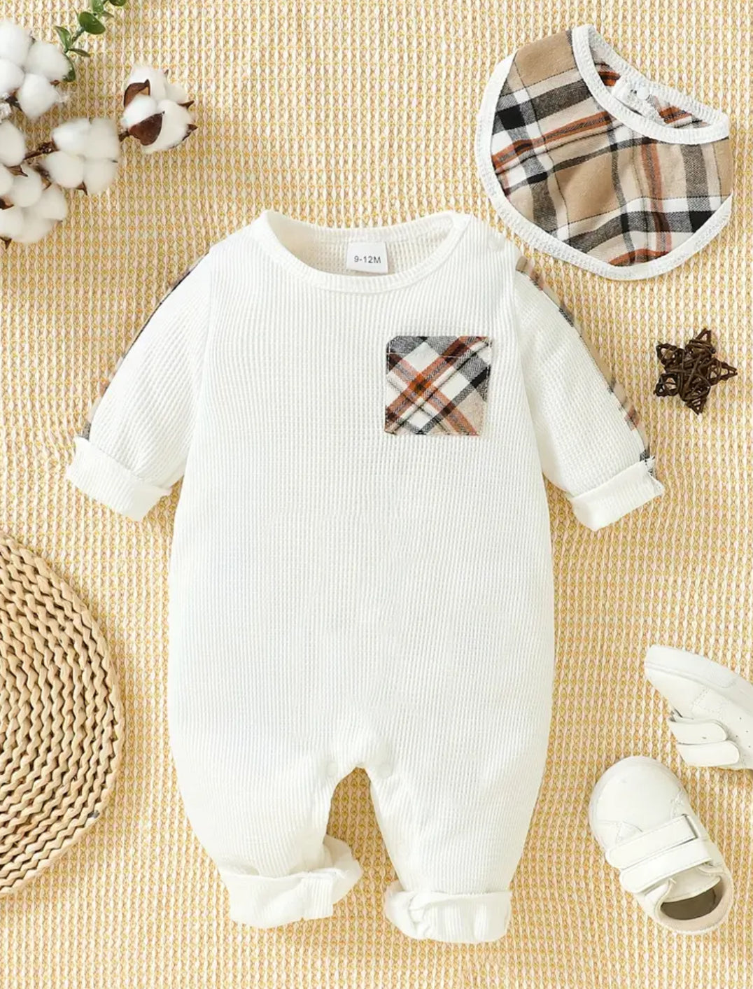 White Long Sleeve Preppy Waffle Romper with Pocket, infant, clothing, onesie, baby