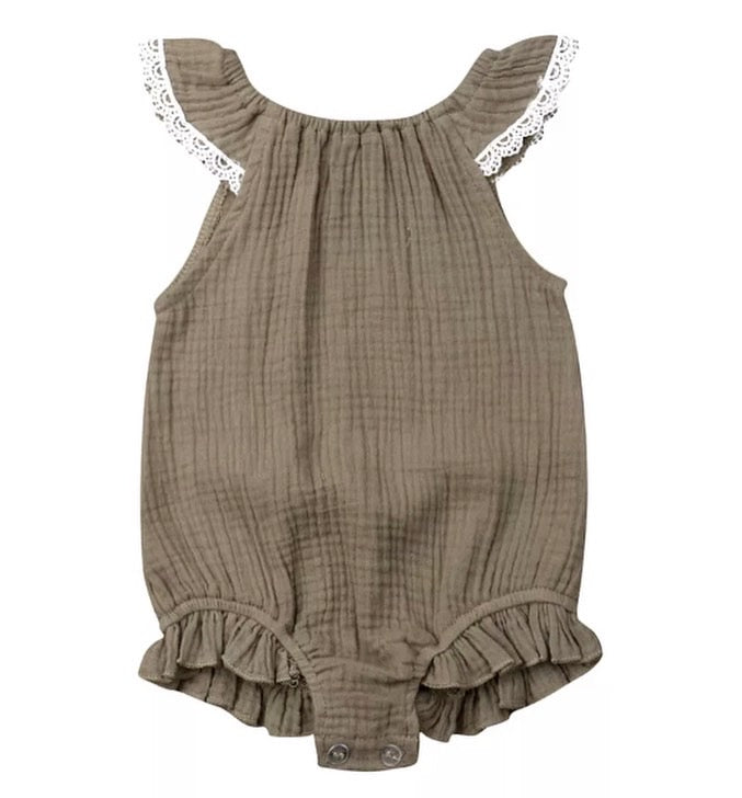 Mustard or Khaki Muslin Romper, Infant, Toddler, baby, girl / SALE: Reg. $12.95