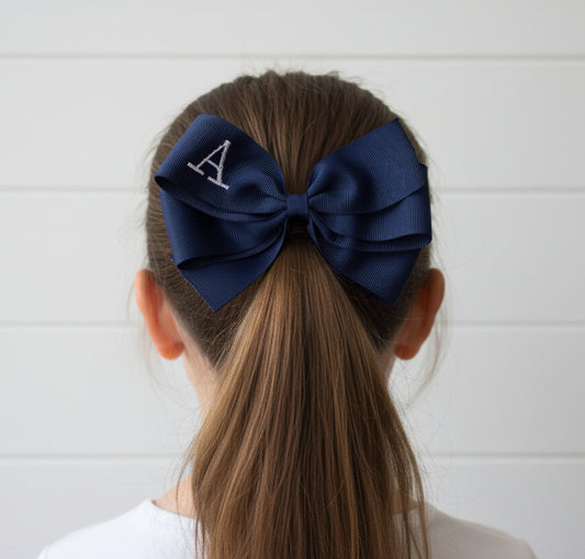 Navy Monogrammed Hair Bow w/White Initial, Blue, Personalized