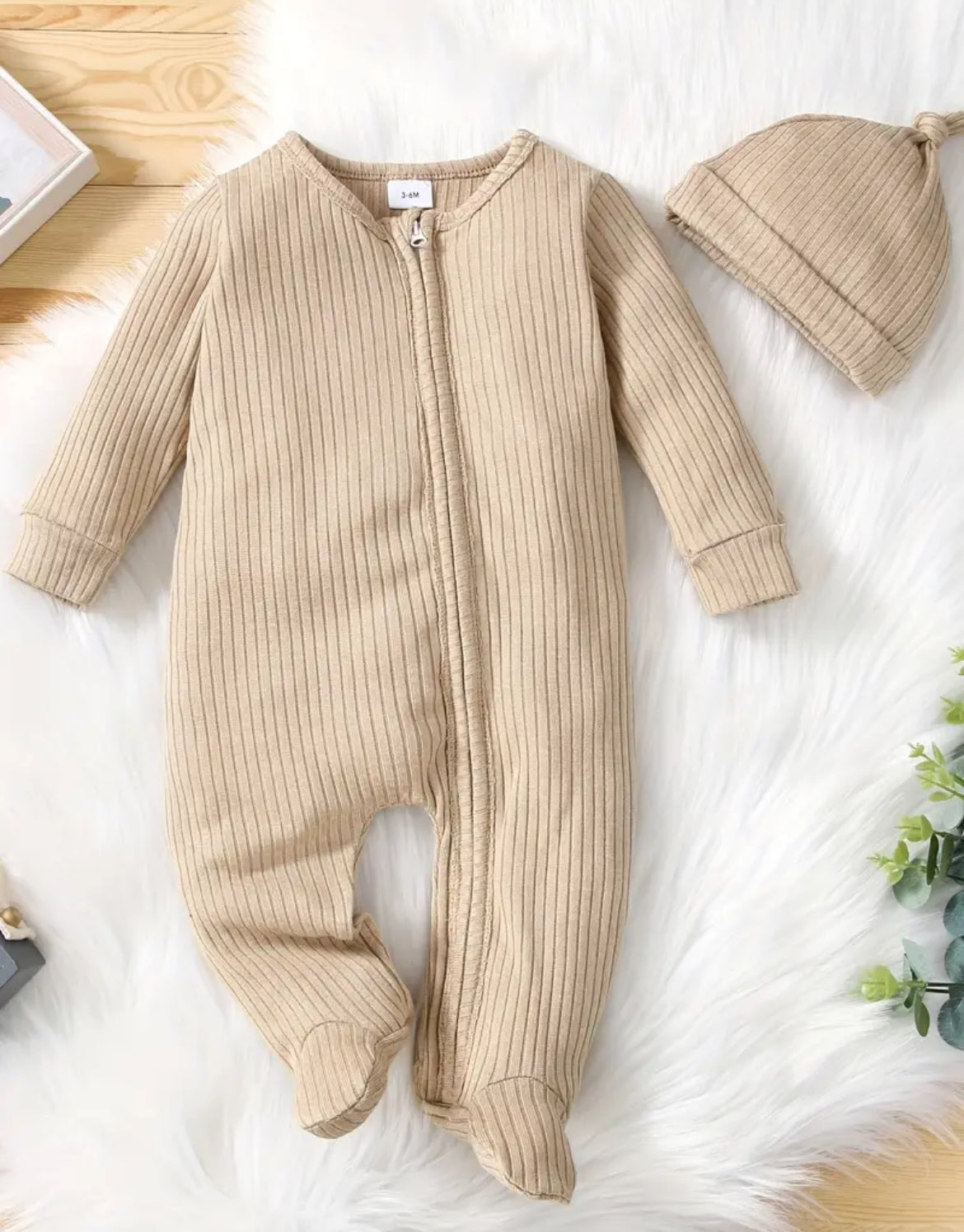 Tan Ribbed Romper with Hat, baby, infant, clothing, set, unisex