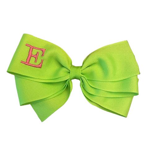 Apple Green Monogrammed Hair Bow w/Pink Initial, Personalized