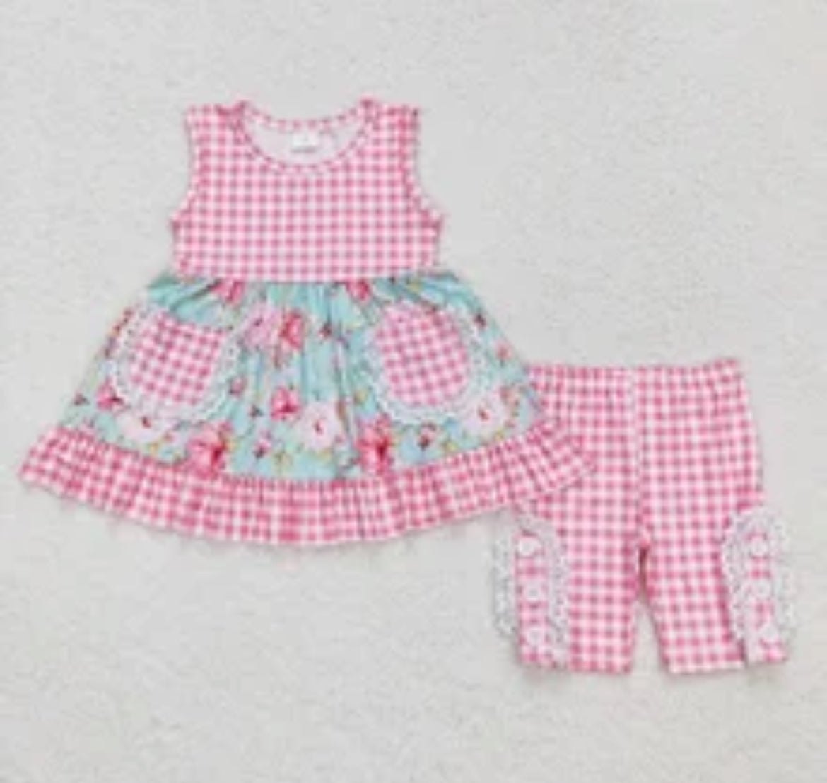 Gingham Shabby Chic Short Set, girl's, Pink, outfit, Milk Silk / SALE: Reg. $22.95