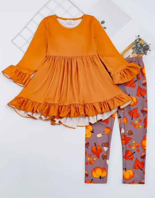 Orange Pumpkin & Leaves Ruffle Outfit, girl, set, leggings, top, kids